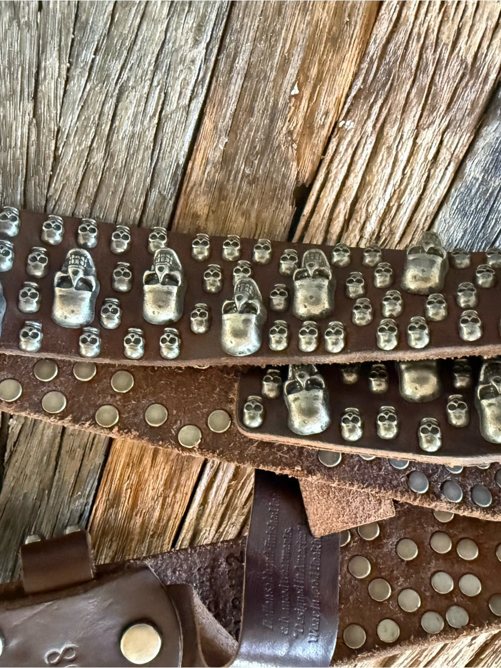 Men's Brown Leather Studded Skull Belt - Distressed Gothic Style